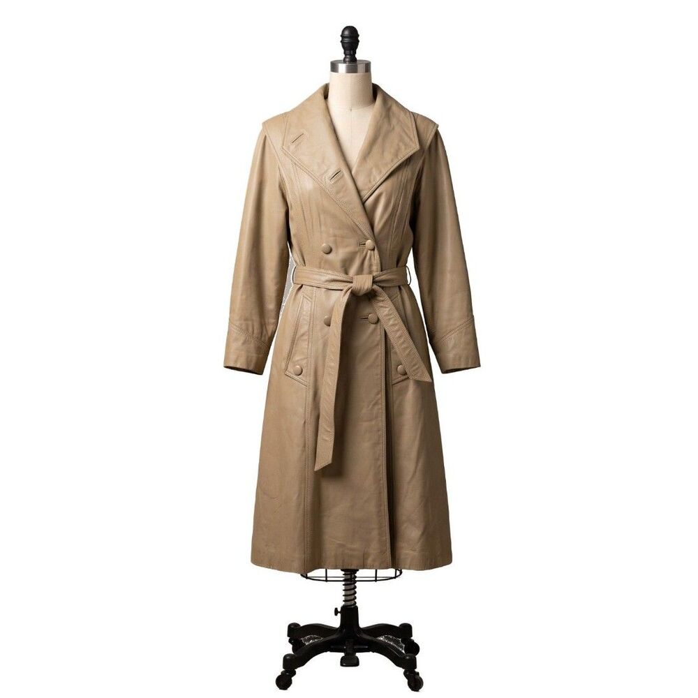 Vintage 70s-80s Misty Harbor Leather Trench Coat Belted Long Tan Taupe M/L